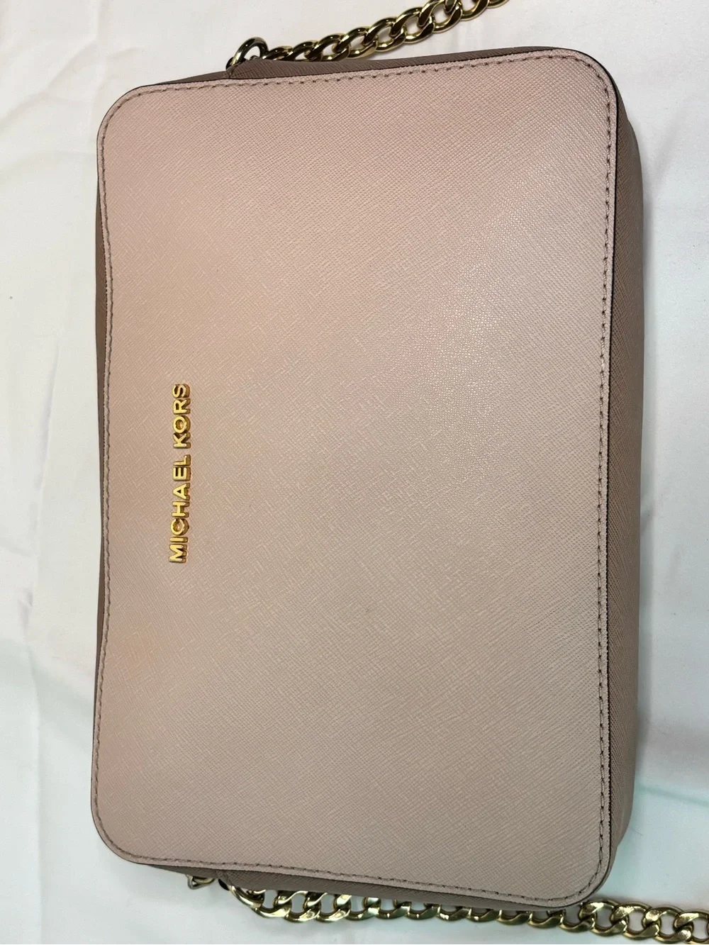 Michael Kors Jet Set Pink Saffiano Leather Crossbody Camera Bag Gold Chain